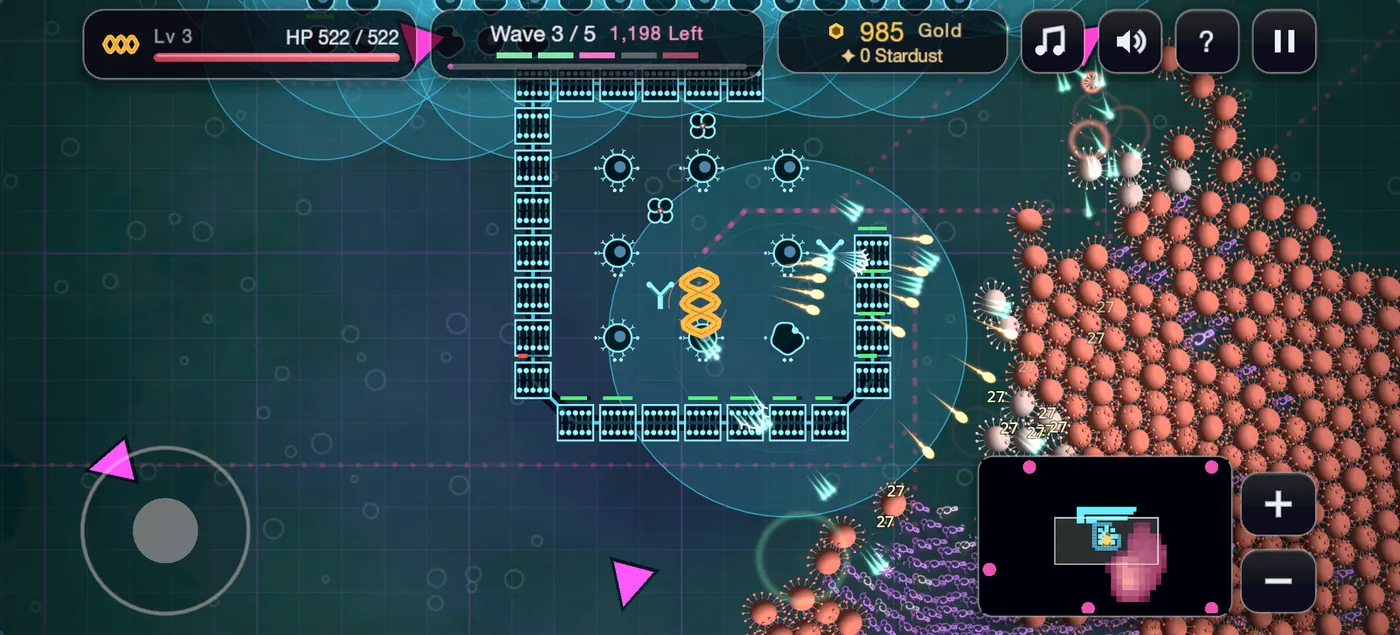 A maze of walls bends the swarm's path past rows of towers